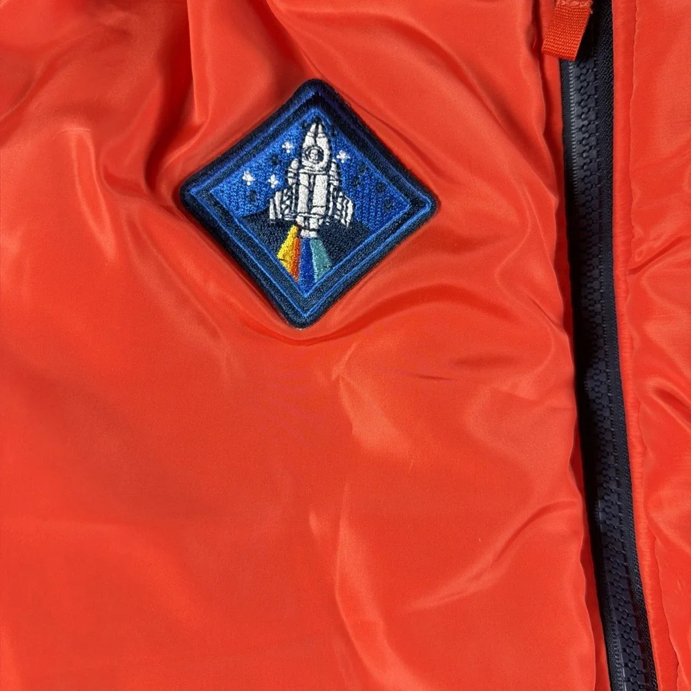 Dog Puffer Vest Orange Space Explorer NASA Rocket Ship Zip Up